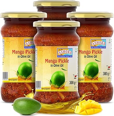 Ashoka Pickled Mango in Olive Oil | All Natural | Traditional Indian Pickle | Medium Spiced | Great for Seasoning | Pickle Relish | Vegan | Kosher Certified | 300 Grams | Glass Jar (Pack of 1)
