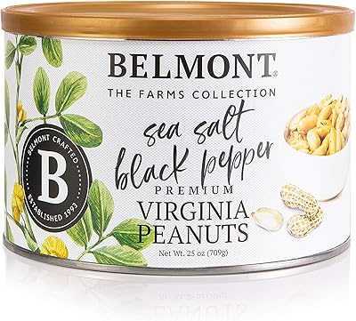 Belmont Peanuts Gourmet Sea Salt and Black Pepper Flavored Virginia Peanuts, 25 oz (1 Pack) – Only 4 Simple Ingredients, No Preservatives, 7g Protein – Salty, Peppery, Crunchy, Hand Seasoned Snack
