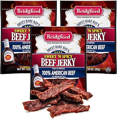 Bridgford Sweet Baby Ray’s Beef Jerky Sweet N Spicy 3.25 oz Pack of 3 - High Protein Sweetened Spicy Beef Jerky for Your Dietary Preference - Ready-to-Eat Snacks for On-the-Go Snacking