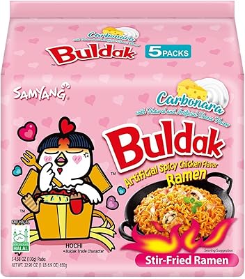 Buldak Spicy Ramen, Hot Chicken Ramen, Korean Stir-Fried Instant Noodle, Carbonara, 1 Bag with 5 Pack