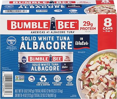 Bumble Bee Solid White Albacore Tuna in Water, 5 oz Can (Pack of 8) - Wild Caught Tuna - 29g Protein per Serving, High in Omega-3s - Non-GMO Project Verified, Gluten Free, Kosher
