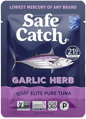 Elite Lowest Mercury Wild-Caught Tuna Fish Pouch, Garlic Herb Flavor, Gluten-Free, Paleo, Non-GMO, High Protein, Keto Food, 2.6oz, Pack of 12