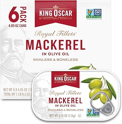 King Oscar Mackerel in Olive Oil, 4.05 Ounce Can (Pack of 6, Packaging May Vary), Skinless & Boneless, Wild Caught Canned Mackerel