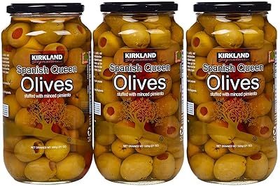 Kirkland Signature Spanish Queen Olives Stuffed With Minced Pimiento, 21oz Glass Jar (Pack of 3, Total of 63 Oz) - Available at World Ethnic Foods on StoresGo