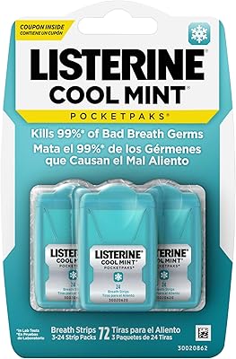 Listerine PocketPaks Cool Mint Breath Strips, Portable Pocket-Sized Oral Care Mouth Freshener, Dissolving Strips Kill 99% of Bad Breath Germs, Sugar Free, 3 x 24-Strip Packs