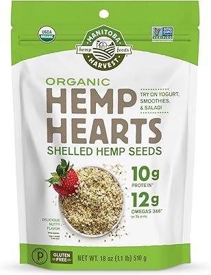 Manitoba Harvest Organic Hemp Seeds, 18oz, 10g Plant Based Protein and 12g Omega 3 & 6 per Srv, smoothies, yogurt & salad, Non-GMO, Vegan, Keto, Paleo, Gluten Free