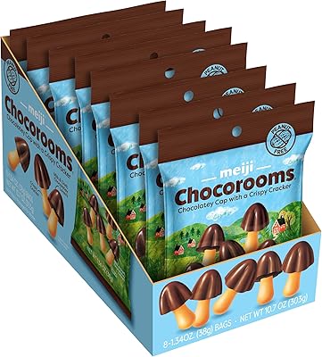 Meiji Chocorooms Crispy Crackers, Milk and Dark Chocolate Combination - 1.34 oz, Pack of 8 - Bite Sized Crackers in Fun Mushroom Shapes