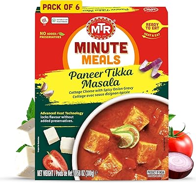 MTR - Minute Meals: Paneer Tikka Masala - Cottage Cheese with Spicy Onion Gravy - Tasty Indian Meal with No Added Preservatives - A Quick Meal Suitable for Vegetarians, Ready in Minutes! (Pack of 6)