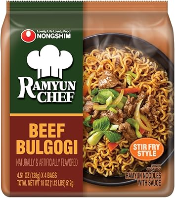 Nongshim Ramyun Chef, Stir Fry Style Instant Ramyun Noodles with Sauce Mix, Beef Bulgogi, 4.51 Oz (Pack of 4)