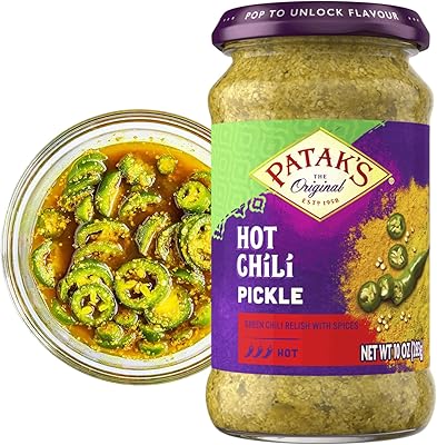 Patak’s Hot Chile Pickle - Authentic Indian Relish w/Green Chiles, Mustard Seeds & Aromatic Spices - Perfect for Sandwiches, Curries, Salads & Cold Meats - Vegan Spicy Pickle - 10oz Jar (Pack of 1)