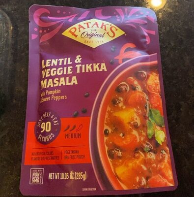 Patak’s Lentil & Veggie Tikka Masala - Vegetarian Indian Curry w/Lentils, Beans, Pumpkin, Sweet Potatoes & Vegetables - Ready-to-Eat Microwaveable Meal - Serve with Rice or Naan - 10.5oz (Pack of 1)