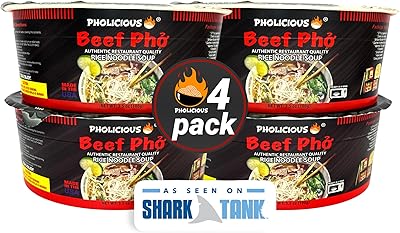 PhoLicious Instant Beef Pho, Authentic Vietnamese Rice Noodle Soup Kit with Spices & Broth Mix, Ramen Noodles Alternative, Quick Microwave Meal - Pho Noodles Bowl - Beef Flavor (4 Pack)