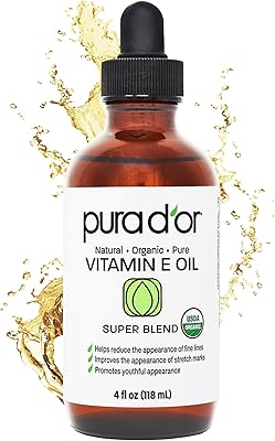 PURA D'OR 4 Oz Organic Vitamin E Oil – USDA Certified Face, Body, Hair & Bath Oil with Argan, Jojoba, Rosehip, Apricot, Almond & Avocado – Lightweight Moisturizing Blend for Soft, Smooth Skin
