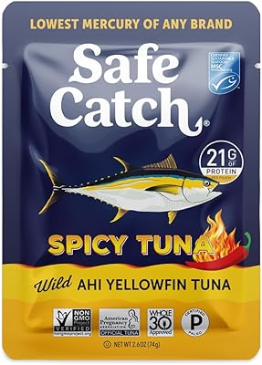 Safe Catch Spicy Wild Ahi Yellowfin Tuna Fish Pouch, Lowest Mercury, Lean Protein, Omega 3s, Non GMO, Paleo, Pack of 12 Pouches