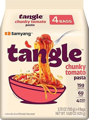 Samyang Tangle Chunky Tomato Pasta | Instant Pasta | Mukbang | 15g of Protein | Linguine | 6g of Fiber | Chick Pea based | Easy Prep | Convenient | 4 Pack