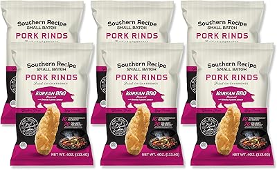 Southern Recipe Small Batch Pork Rinds | Korean Kimchi BBQ Chicharrones | Keto Friendly, Gluten Free, Low Carb Food | 7g of Collagen Per Serving | High Protein | 4 Oz Bag (Pack of 6)