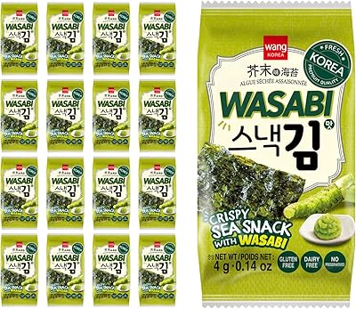 Wang Korean Seaweed Snacks Wasabi Flavor - Crispy Roasted Seaweed Sheets, Healthy Sea Weed Snack, Keto Vegan Gluten-Free - Pack of 16