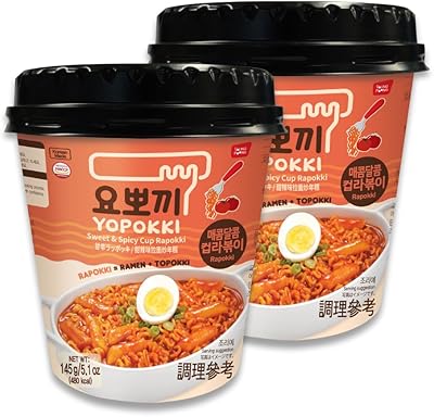 Yopokki Instant Rabokki Cup (Sweet Mild Spicy, 2 Cups) Korean Street food with sweet and moderately spicy sauce Ramen Noodle Topokki Rice Cake - Quick & Easy to Prepare
