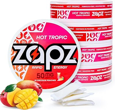 ZAPZ Caffeine Pouches – Energy Pouches with 50mg Caffeine for Nootropic Focus Support - Tobacco & Nicotine Free, Sugar Free, No Coffee Grinds (Melon Berry Bubble Gum Flavor, 5 Cans × 20-Count)